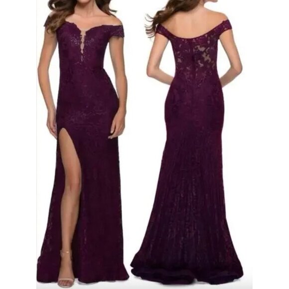 La Femme Women's Dark Berry Off The Shoulder High Slit Dress 14 - Picture 6 of 6